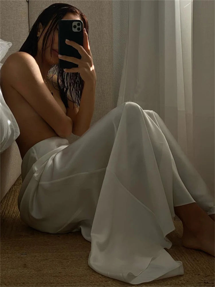 White Satin High Waist Long Skirt for Zipper Side Split Slim Party Maxi Skirt Y2k Outfit Female Long Skirt