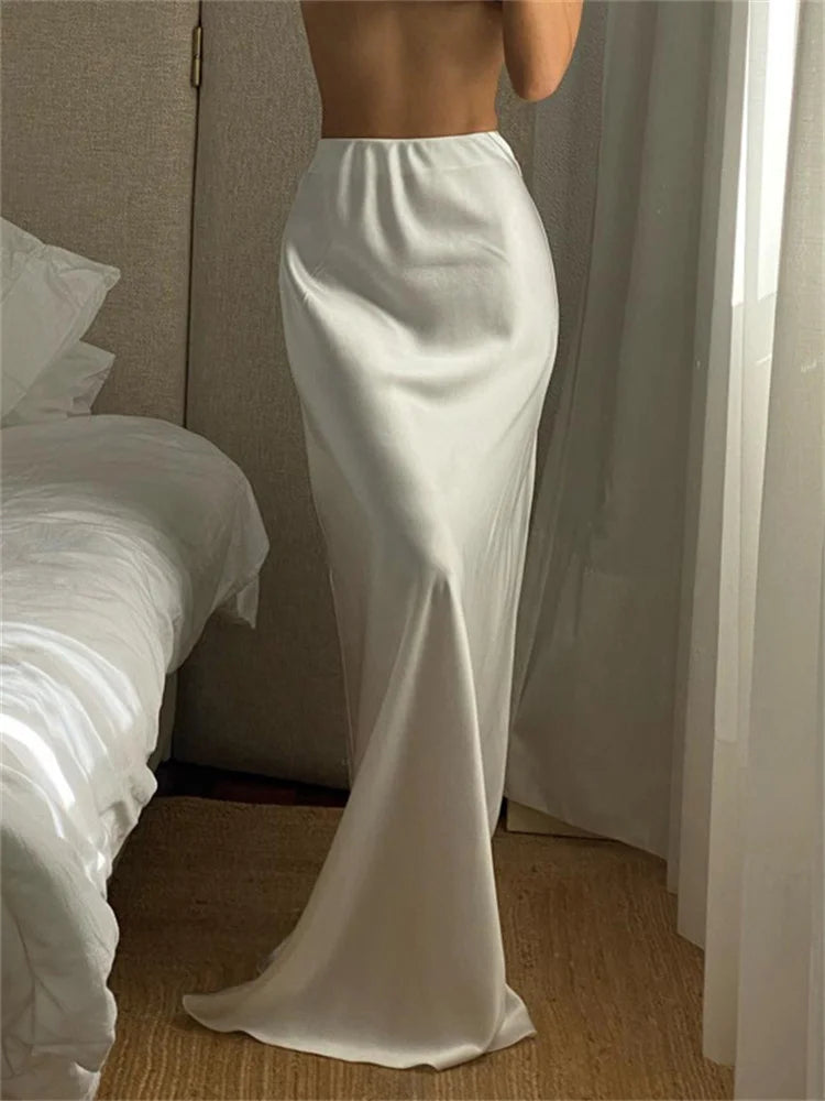 White Satin High Waist Long Skirt for Zipper Side Split Slim Party Maxi Skirt Y2k Outfit Female Long Skirt