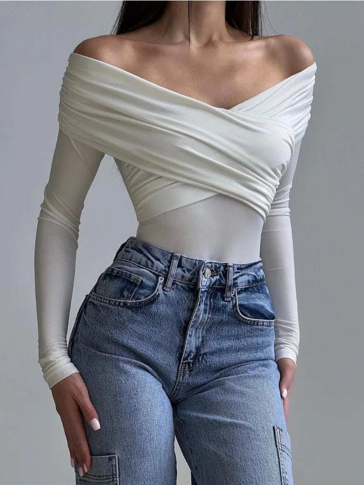 White See-through Patchwork Jumpsuit for Pleated Slim High Waist Long Sleeve Off-shoulder Rompers