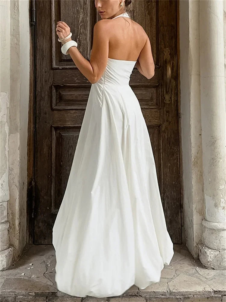 White V-neck Backless Long Dress Female Sleeveless High Waist Bodycon Dress Maxi Dress