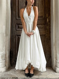 White V-neck Backless Long Dress Female Sleeveless High Waist Bodycon Dress Maxi Dress