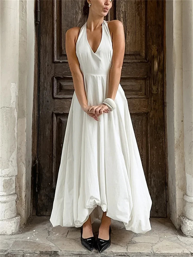 White V-neck Backless Long Dress Female Sleeveless High Waist Bodycon Dress Maxi Dress