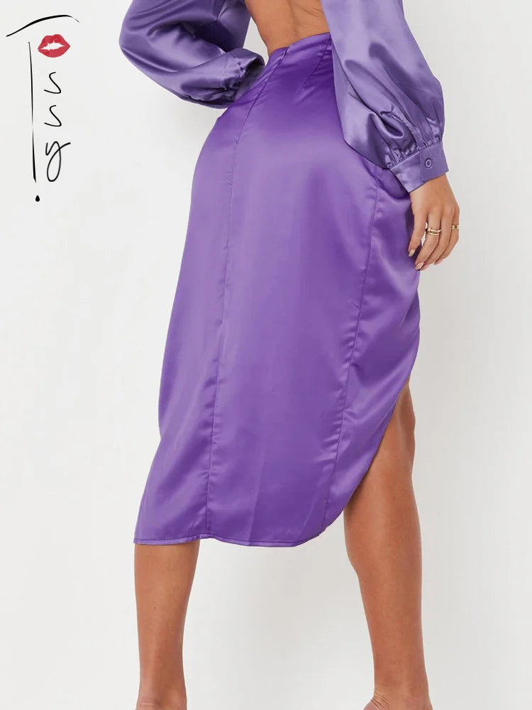 Satin High Splite Out Skirts Folds Irregular High Waist Bodycon Long Skirts Female French Style Outwears