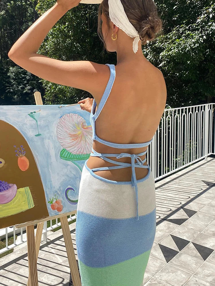 Stripe Knitted Backless Bodycon Dress Bandage Contrast Color Spaghetti Strap Long Dresses Party Beach Summer
