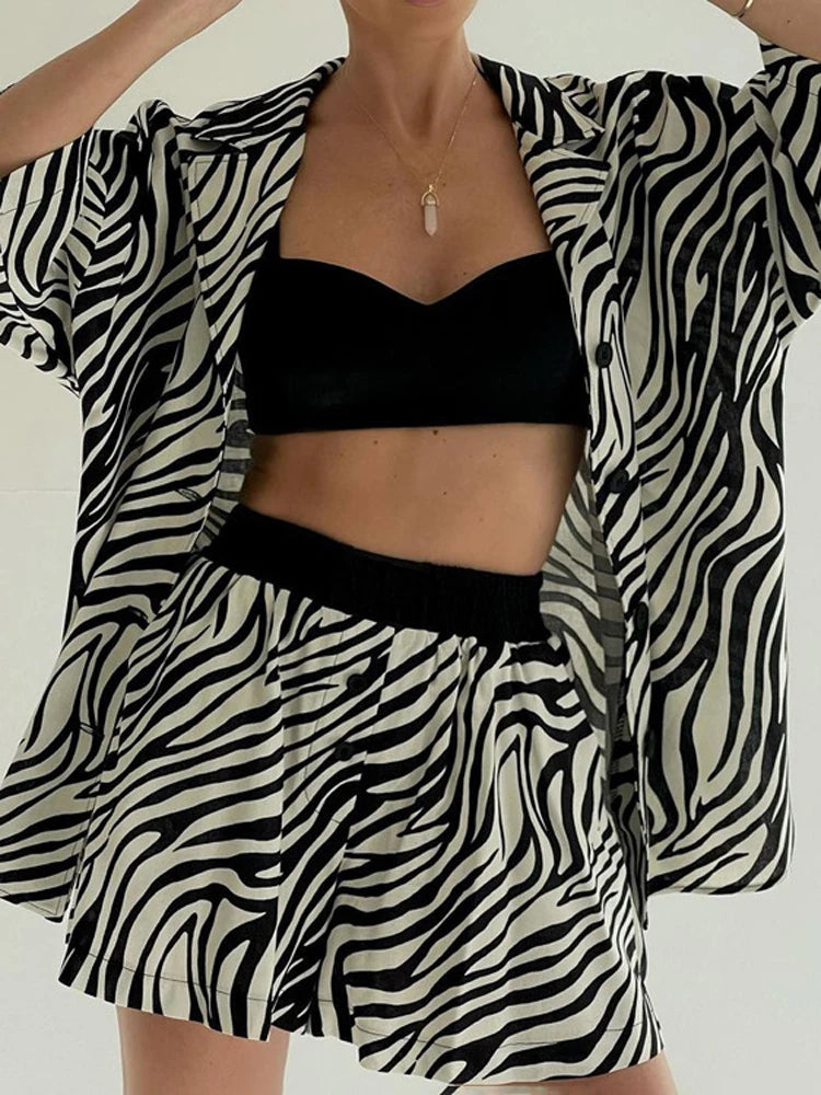 Two Piece Sets Outfits Zebra Printed Loose Shirt Tops and High Waist Shorts Set Summer New