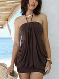 ’s Lace Up Halter Mini Dress Sleeveless High Waist Slim Fit Folds Backless Sheath Beach Holiday Dress Female