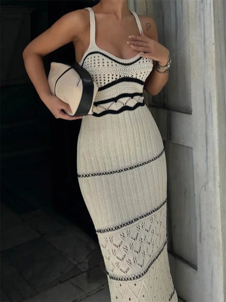 ’s Hollow Out Spaghetti Strap Long Dress Contrasting Knit Backless Side Slit Holiday Party Maxi Dress