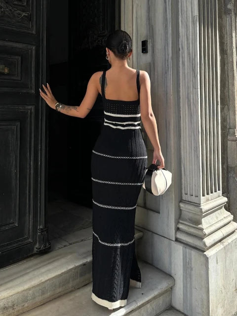 ’s Hollow Out Spaghetti Strap Long Dress Contrasting Knit Backless Side Slit Holiday Party Maxi Dress