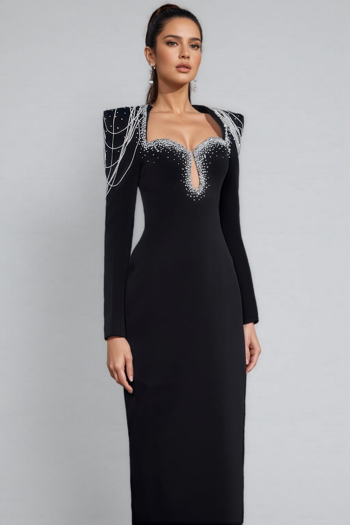 Orinlt Black Crystal Strings Cut-out Maxi Dress