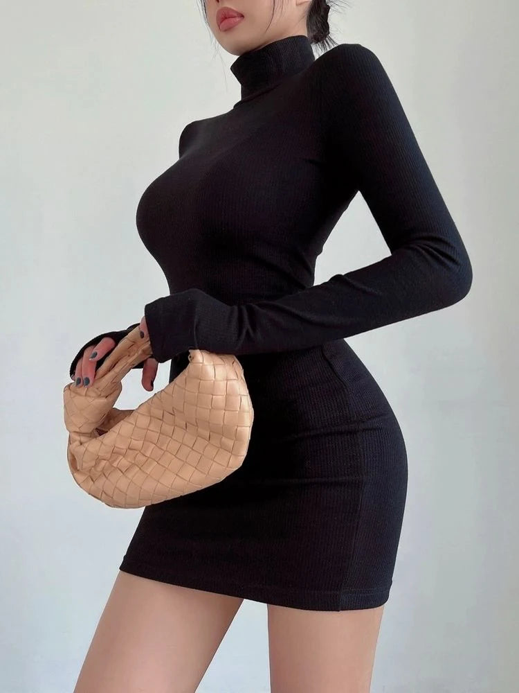 Turtleneck Long Sleeves Dresses Black Pleated Bodycon Mini Dress Fall Winter Party Club Y2k Clothings