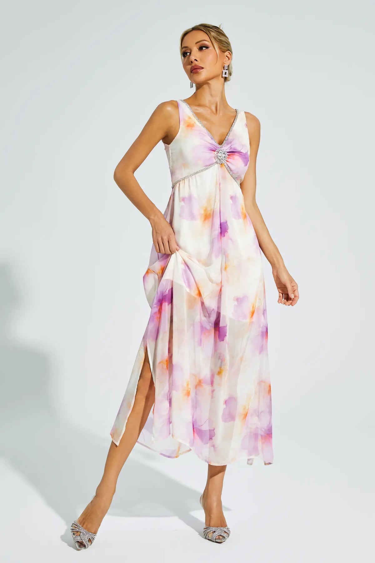 Tyler Purple Diamond V Neck Midi Dress