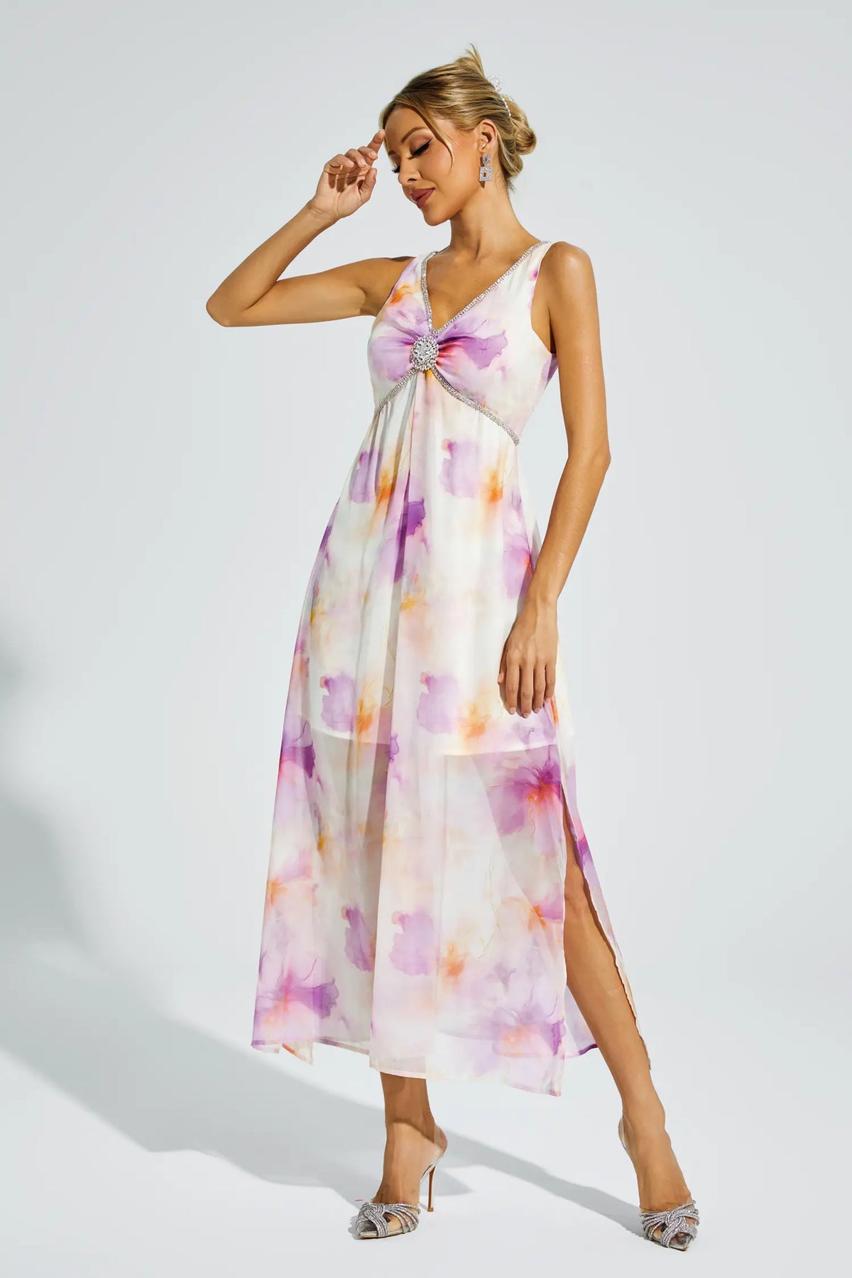 Tyler Purple Diamond V Neck Midi Dress