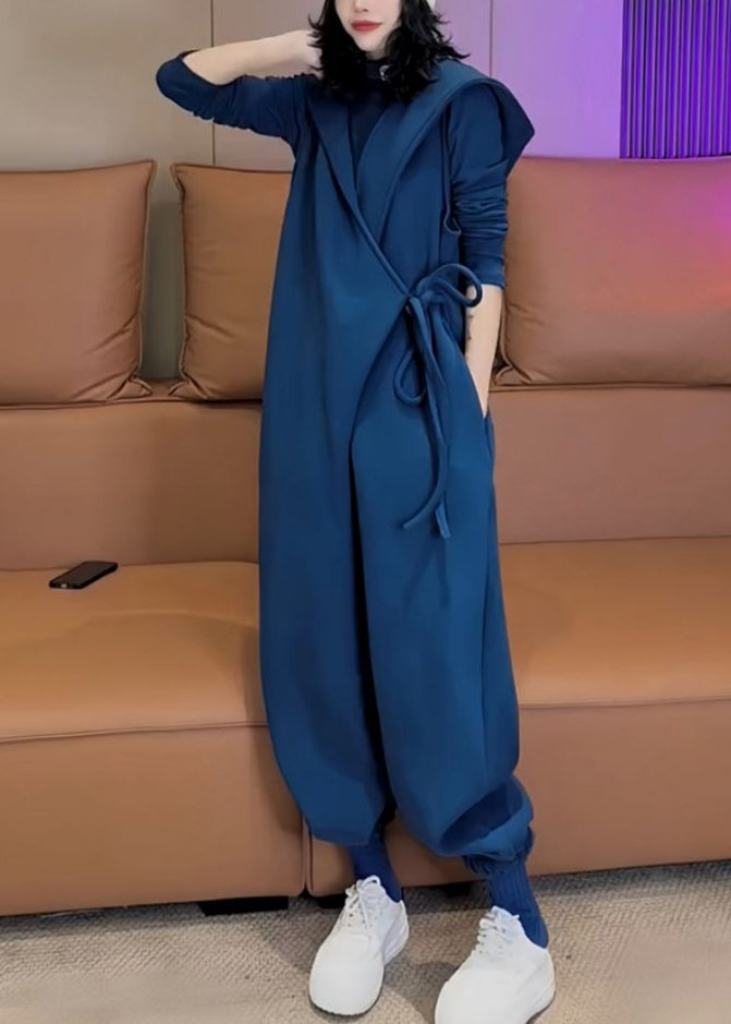 Unique Blue Hooded Lace Up Warm Fleece Jumpsuit Spring Yy037