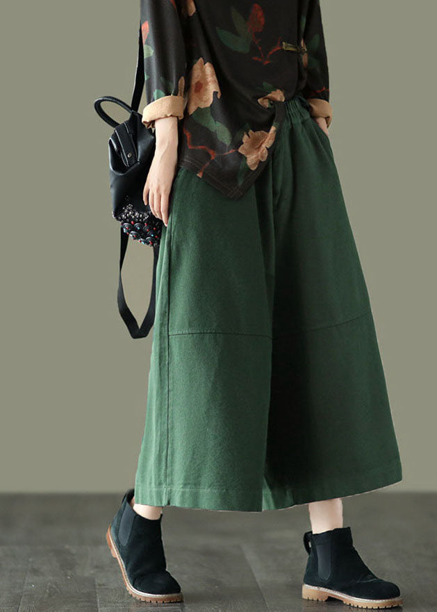 Unique Green Elastic Waist Patchwork Cotton Wide Leg Pants Spring Tg1047