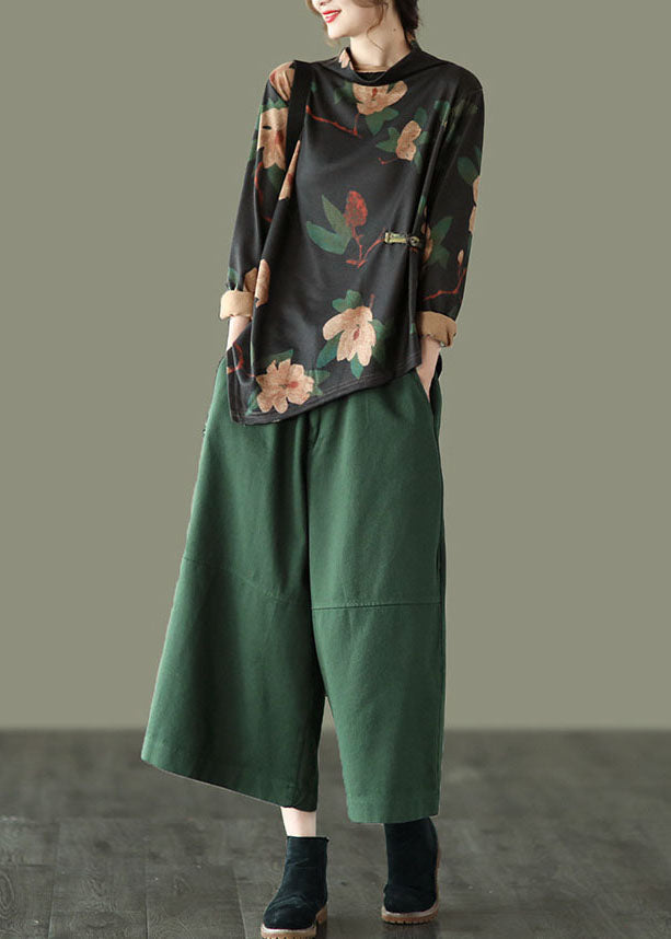 Unique Green Elastic Waist Patchwork Cotton Wide Leg Pants Spring Tg1047