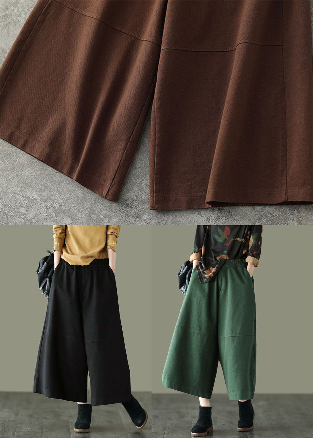Unique Green Elastic Waist Patchwork Cotton Wide Leg Pants Spring Tg1047
