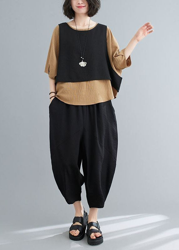 Unique Khaki O-neck Patchwork Cotton Tops and Pants Pieces Set Summer Ly0625
