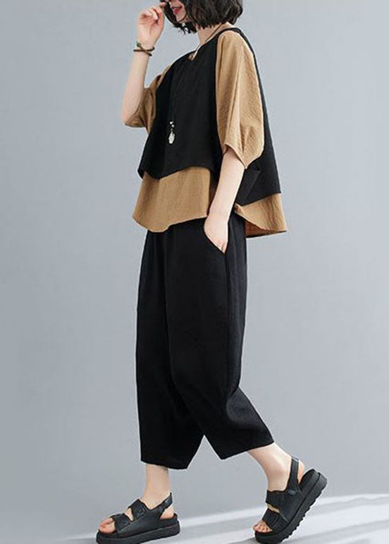 Unique Khaki O-neck Patchwork Cotton Tops and Pants Pieces Set Summer Ly0625