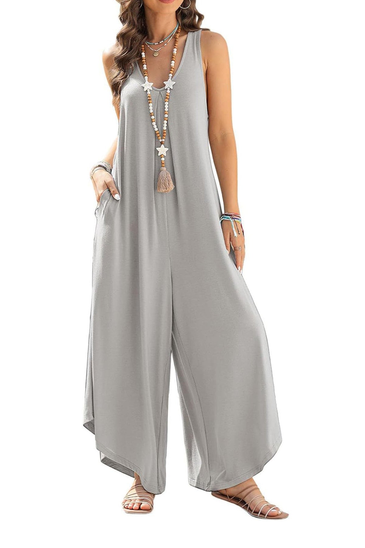 V Neck Irregular Hem Cotton Jumpsuits