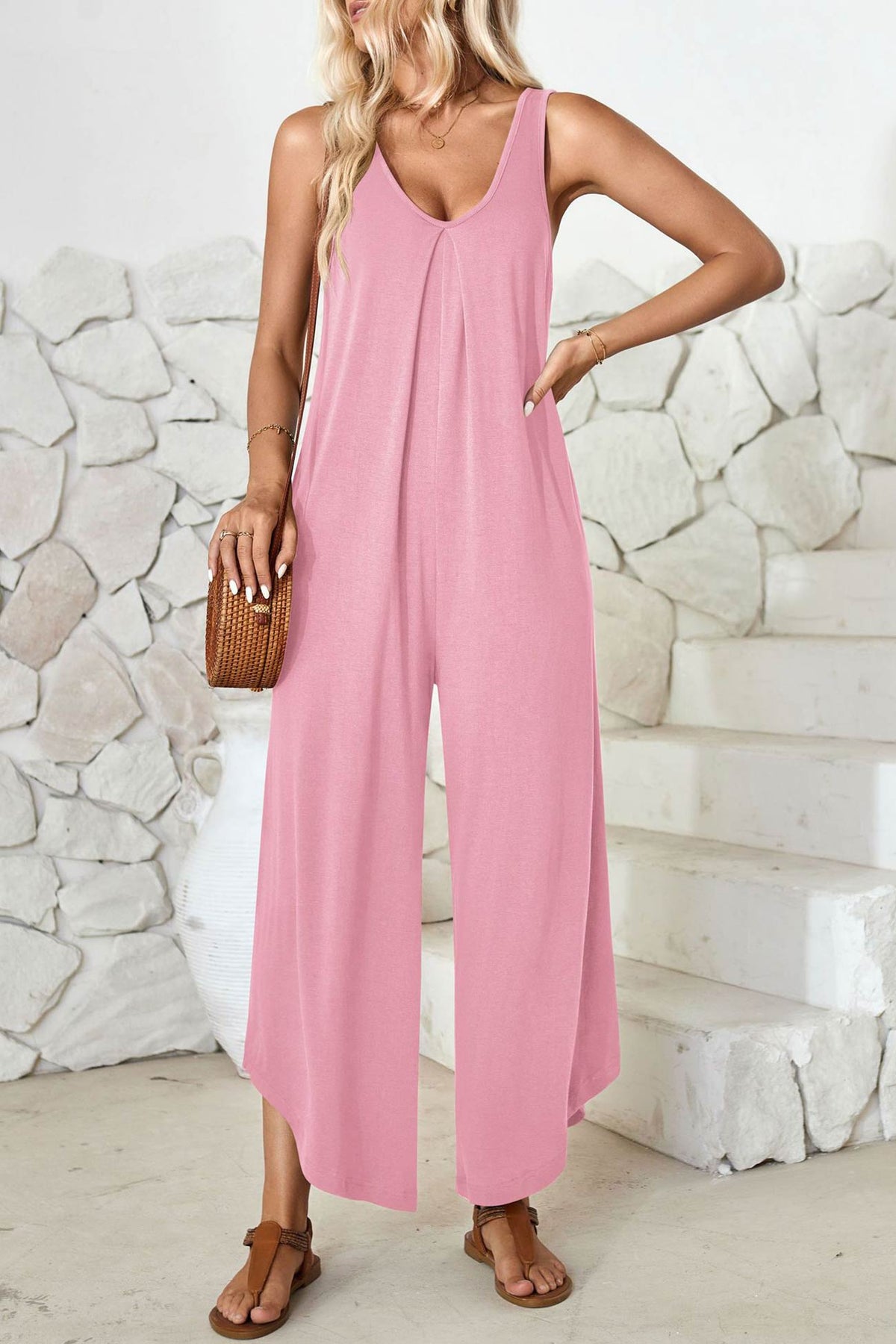 V Neck Irregular Hem Cotton Jumpsuits
