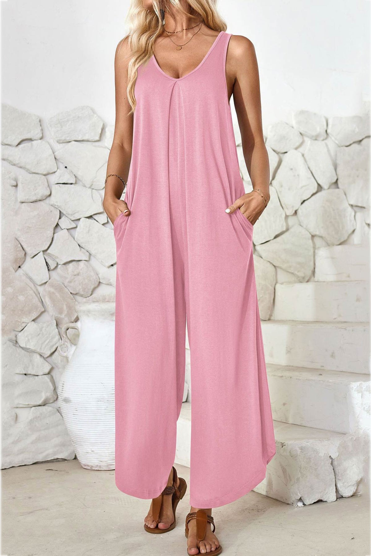 V Neck Irregular Hem Cotton Jumpsuits