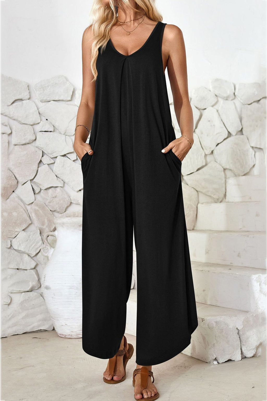 V Neck Irregular Hem Cotton Jumpsuits