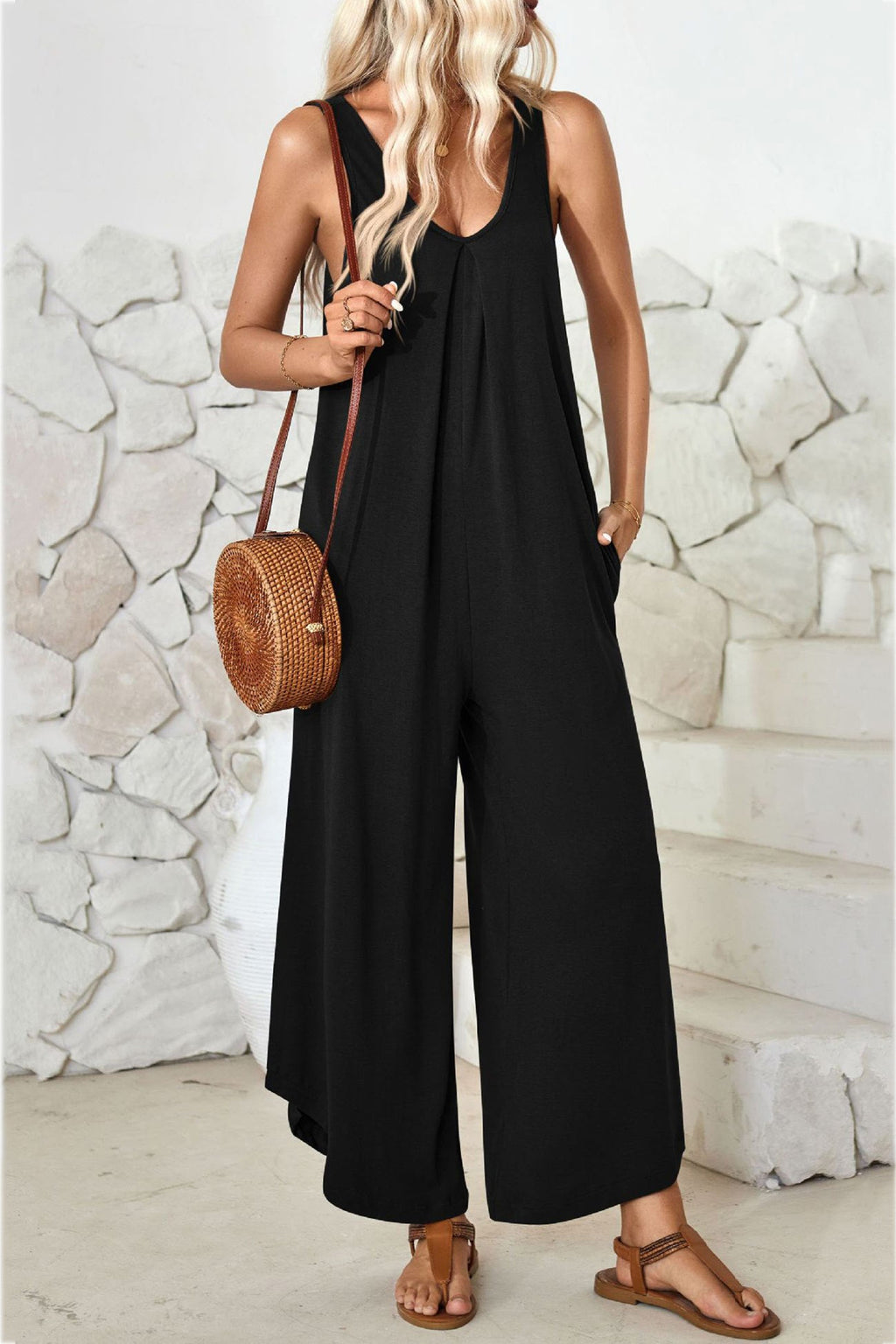 V Neck Irregular Hem Cotton Jumpsuits
