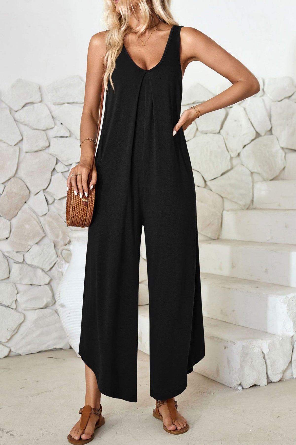 V Neck Irregular Hem Cotton Jumpsuits
