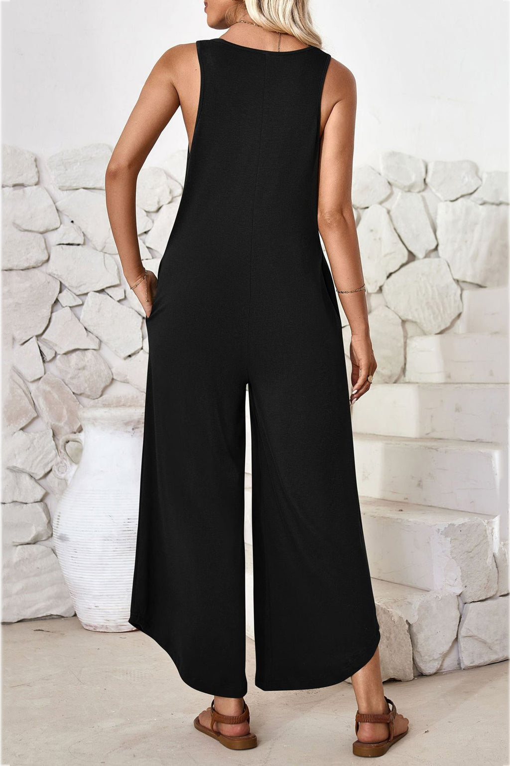 V Neck Irregular Hem Cotton Jumpsuits
