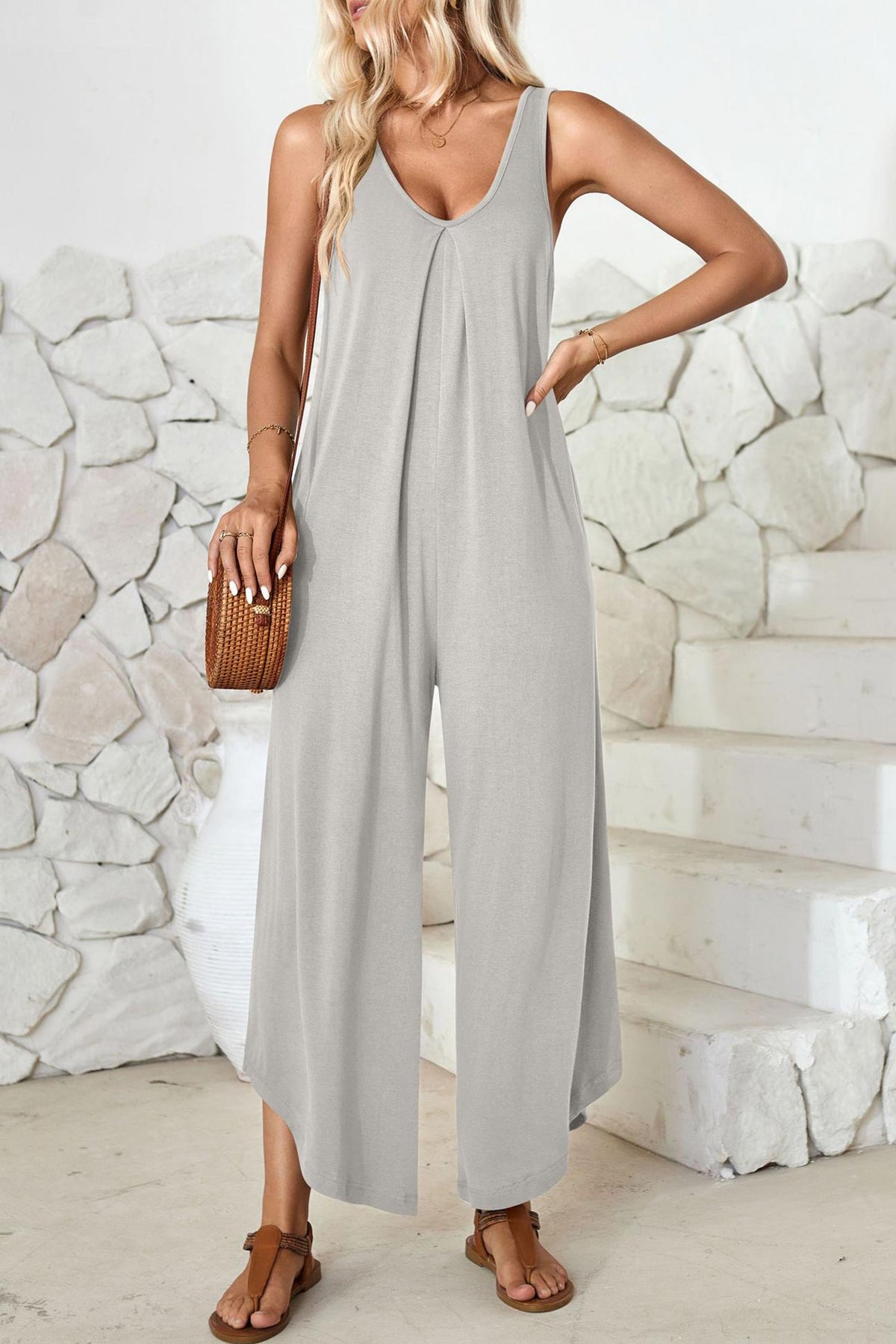 V Neck Irregular Hem Cotton Jumpsuits