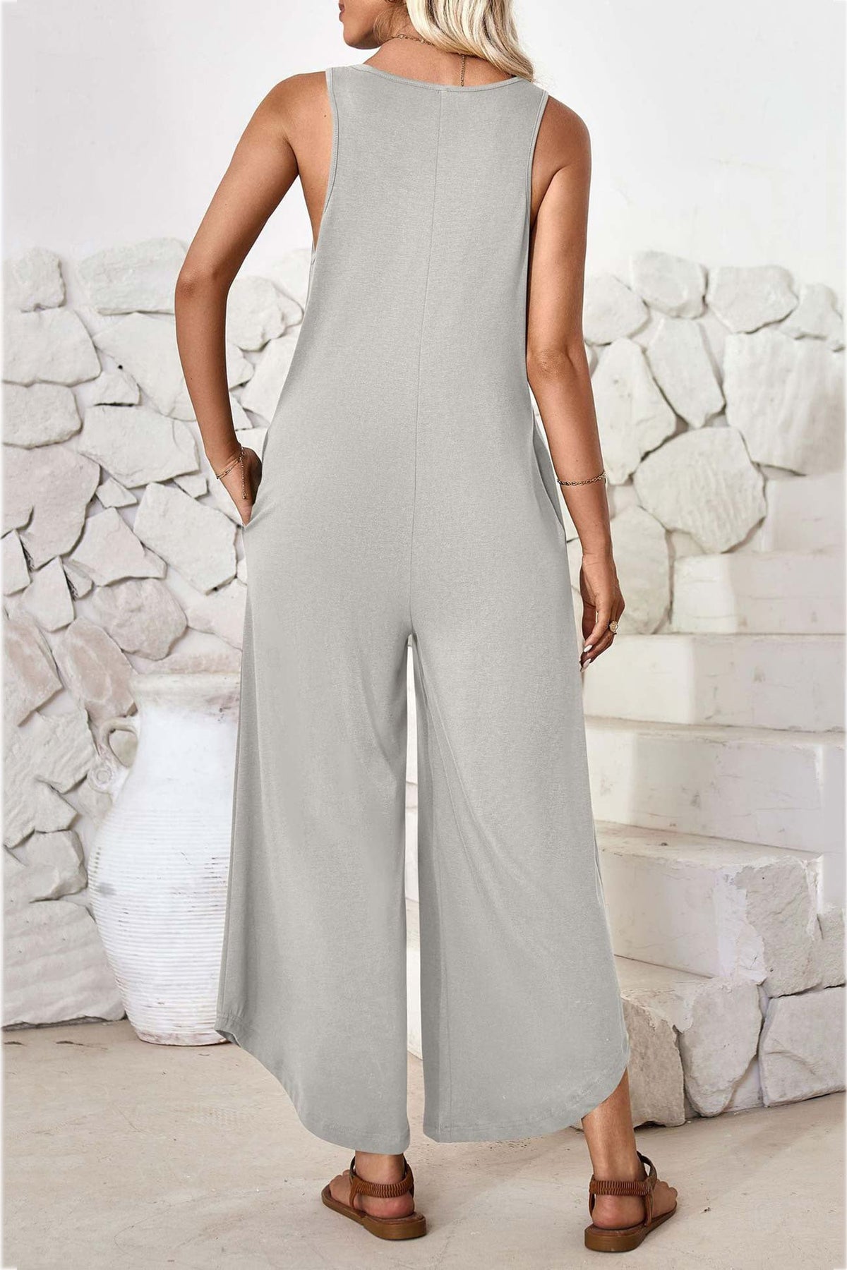 V Neck Irregular Hem Cotton Jumpsuits