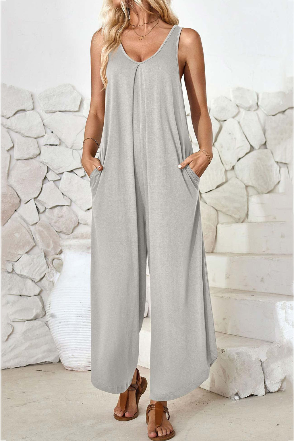 V Neck Irregular Hem Cotton Jumpsuits