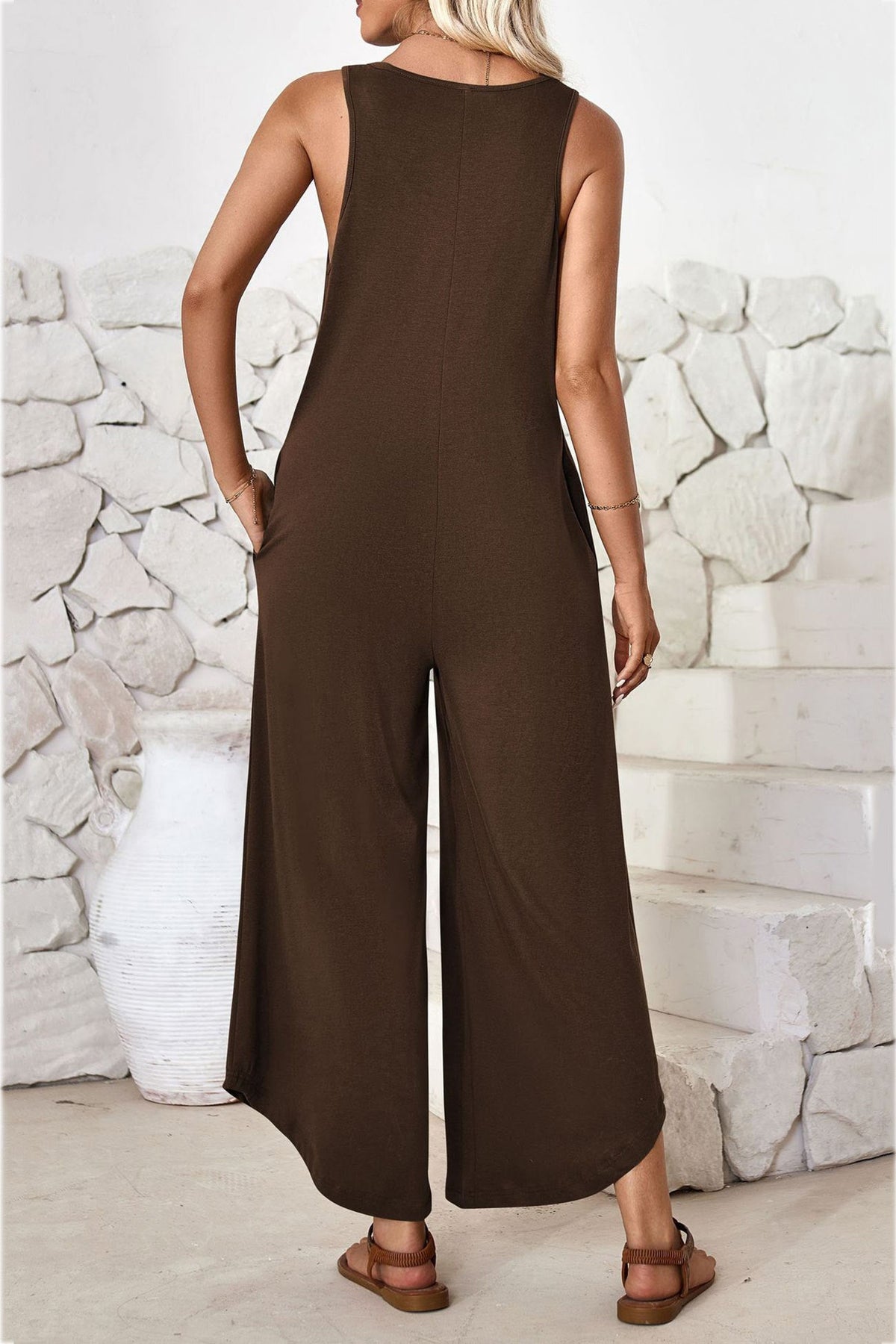 V Neck Irregular Hem Cotton Jumpsuits