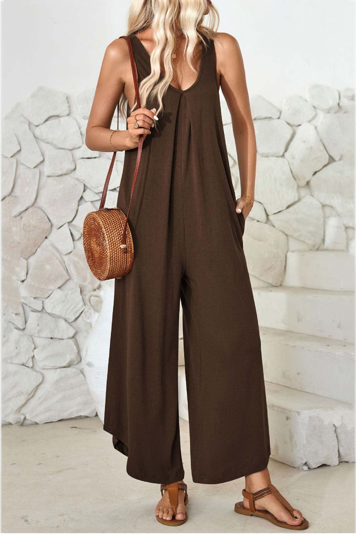 V Neck Irregular Hem Cotton Jumpsuits