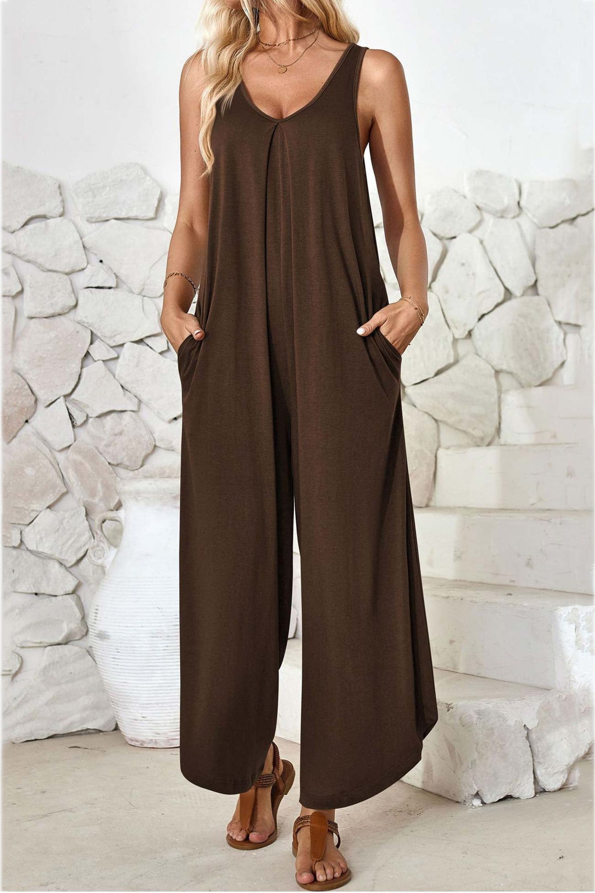 V Neck Irregular Hem Cotton Jumpsuits