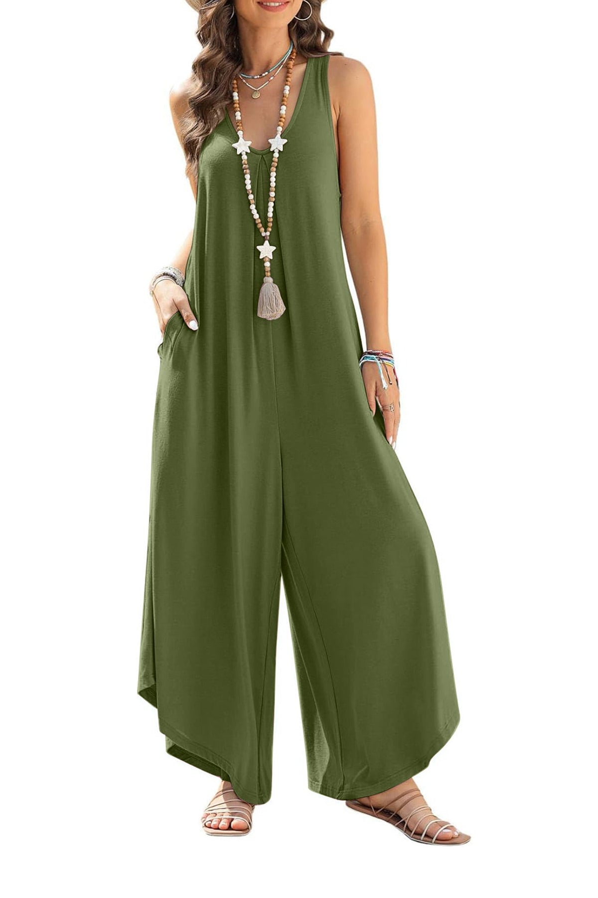 V Neck Irregular Hem Cotton Jumpsuits