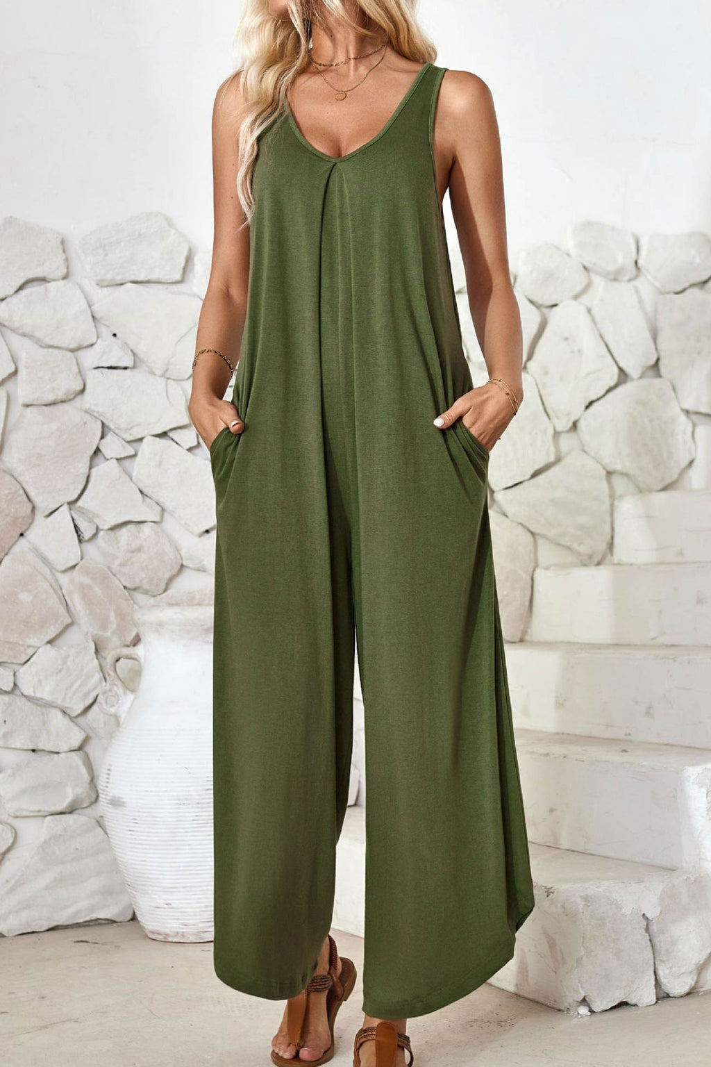 V Neck Irregular Hem Cotton Jumpsuits