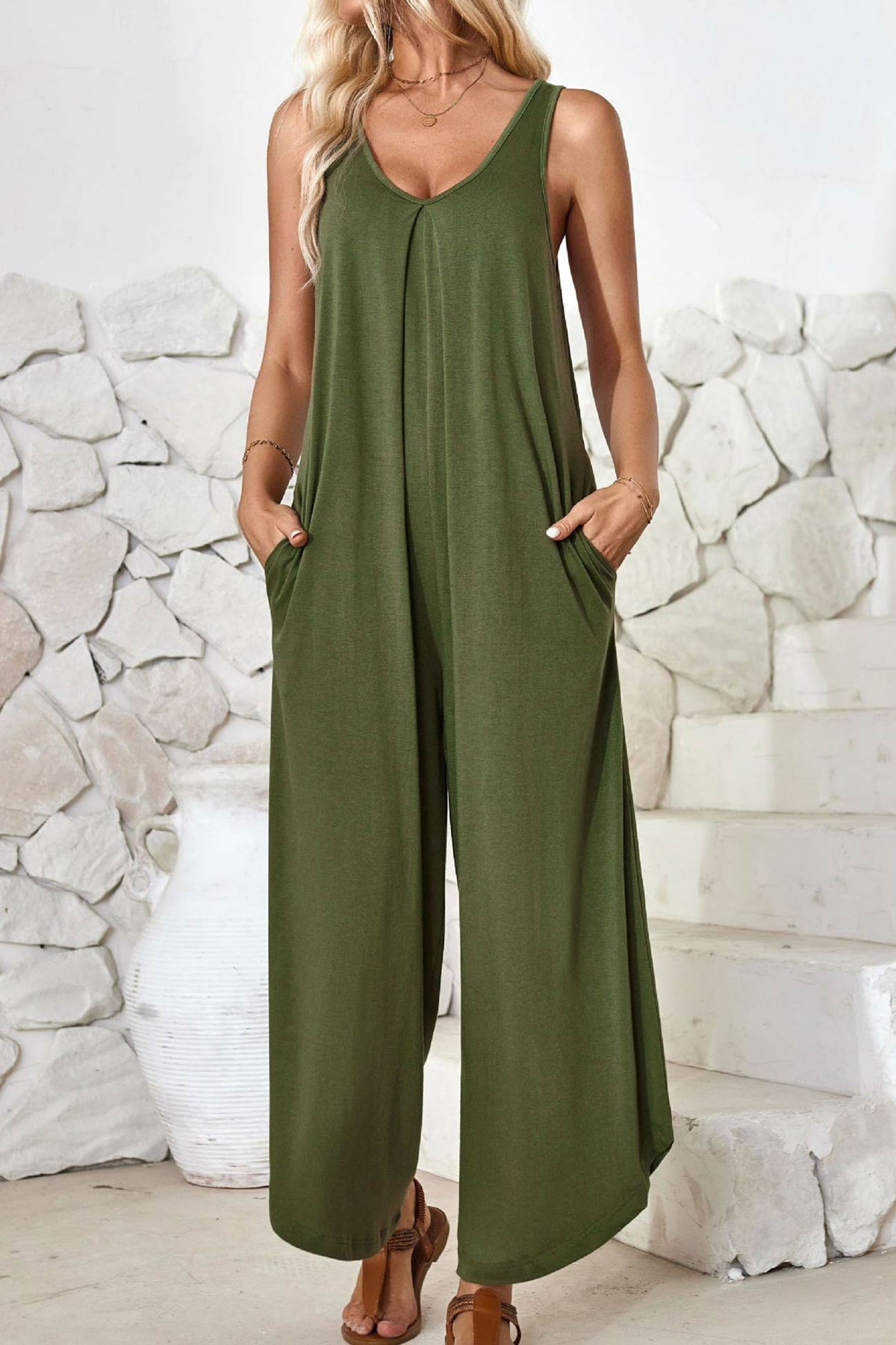 V Neck Irregular Hem Cotton Jumpsuits