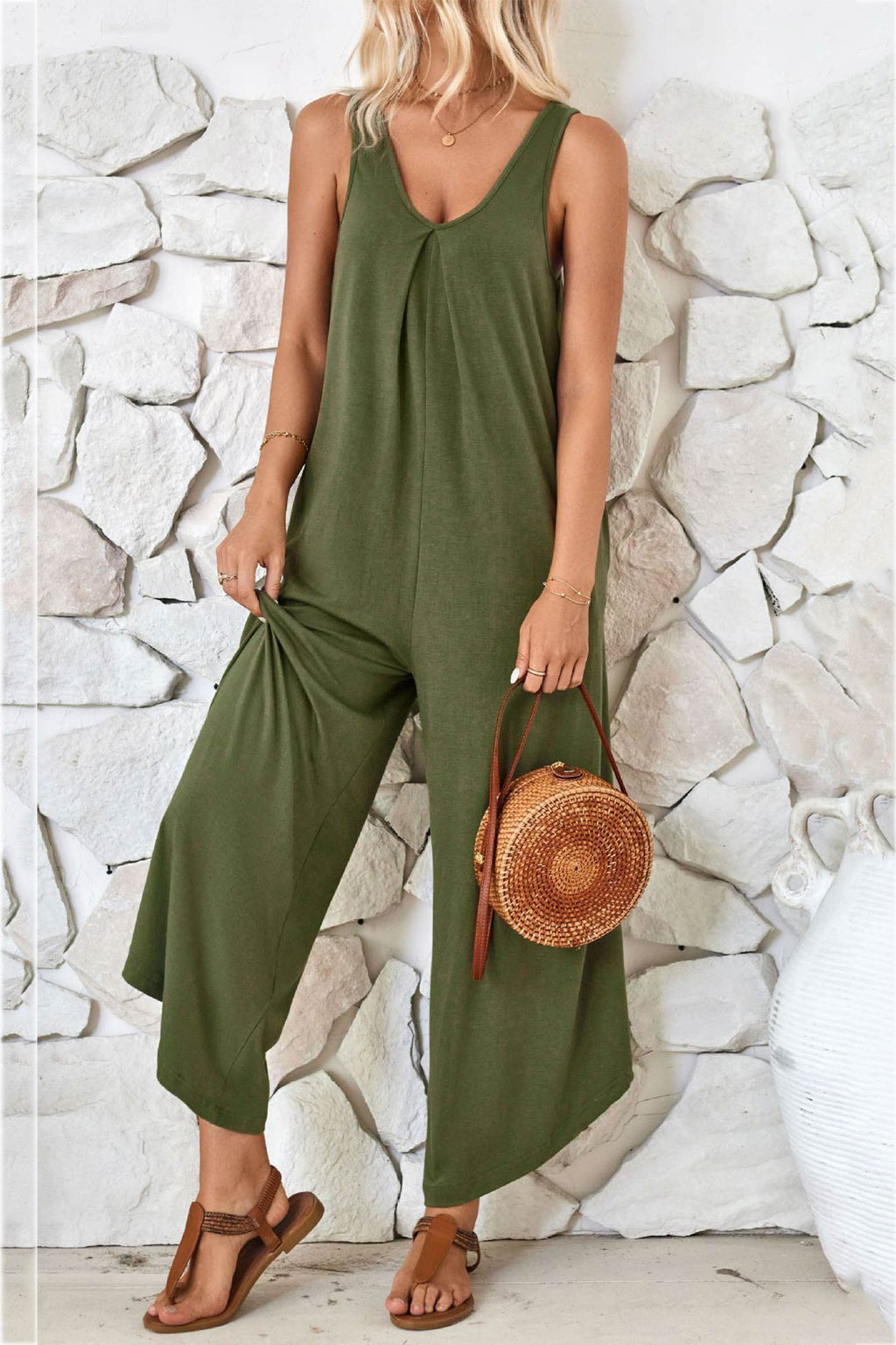 V Neck Irregular Hem Cotton Jumpsuits