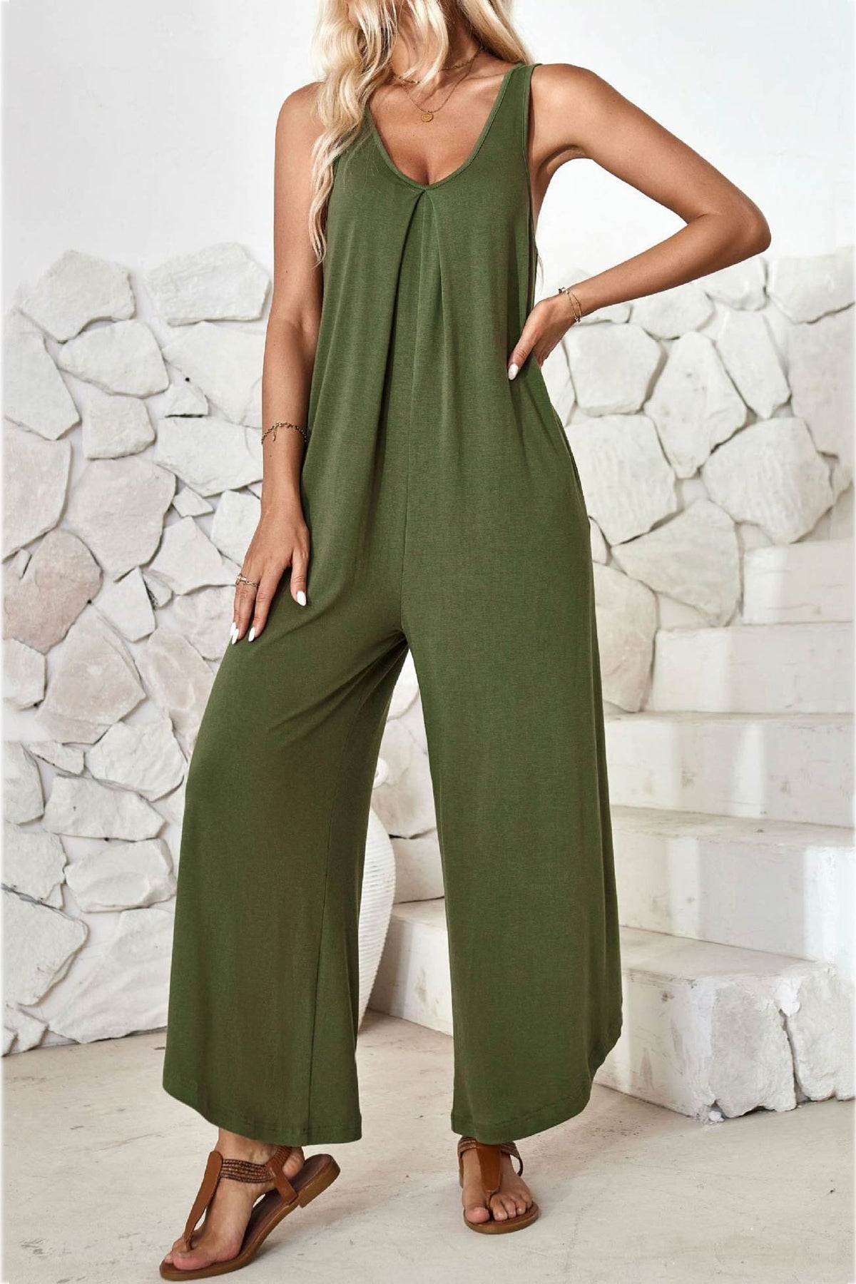 V Neck Irregular Hem Cotton Jumpsuits