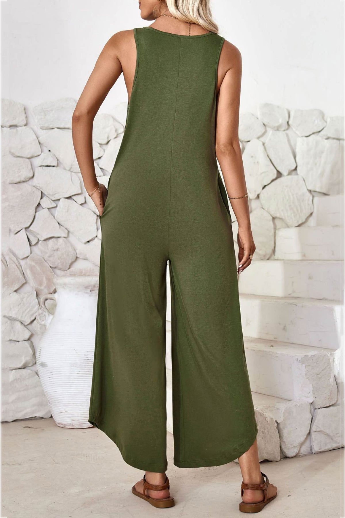 V Neck Irregular Hem Cotton Jumpsuits