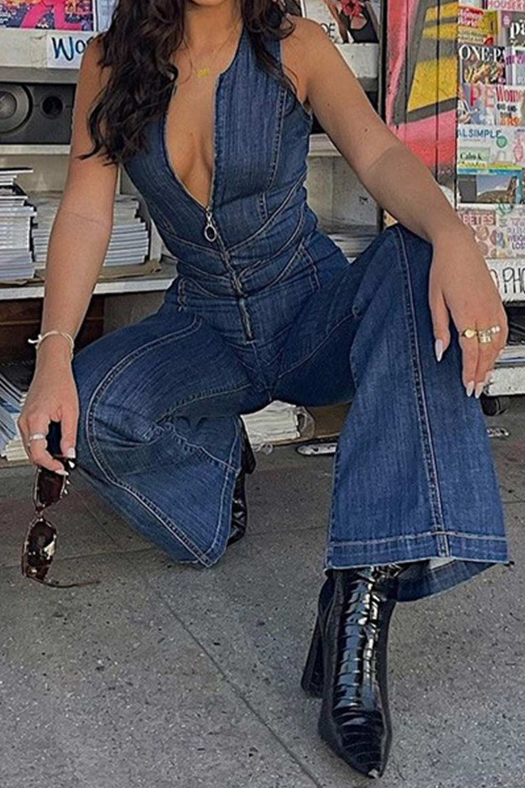 V Neck Zipper Cutout Sleeveless Denim Jumpsuits
