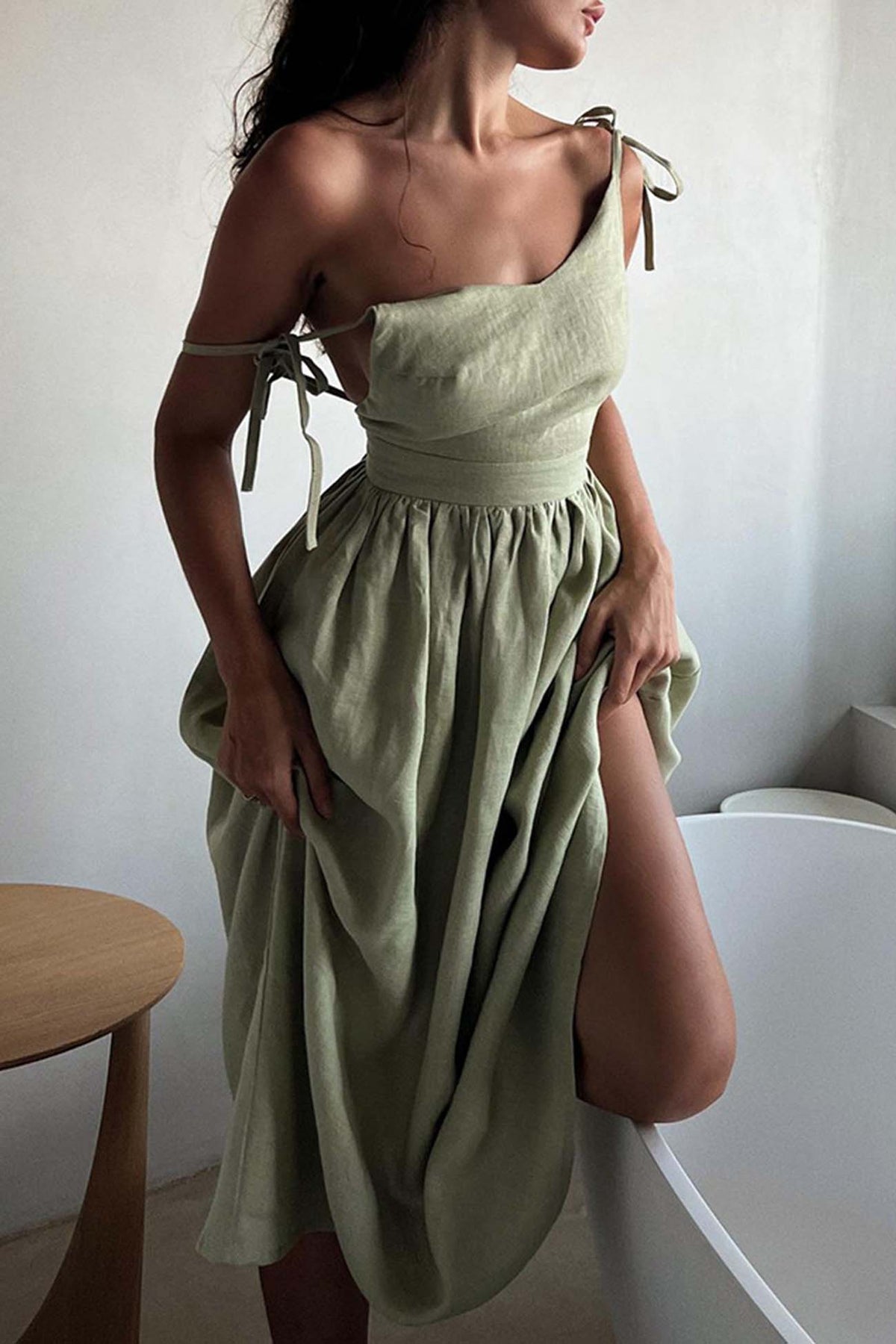 V Neck Backless Tie Shoulder Midi Dress