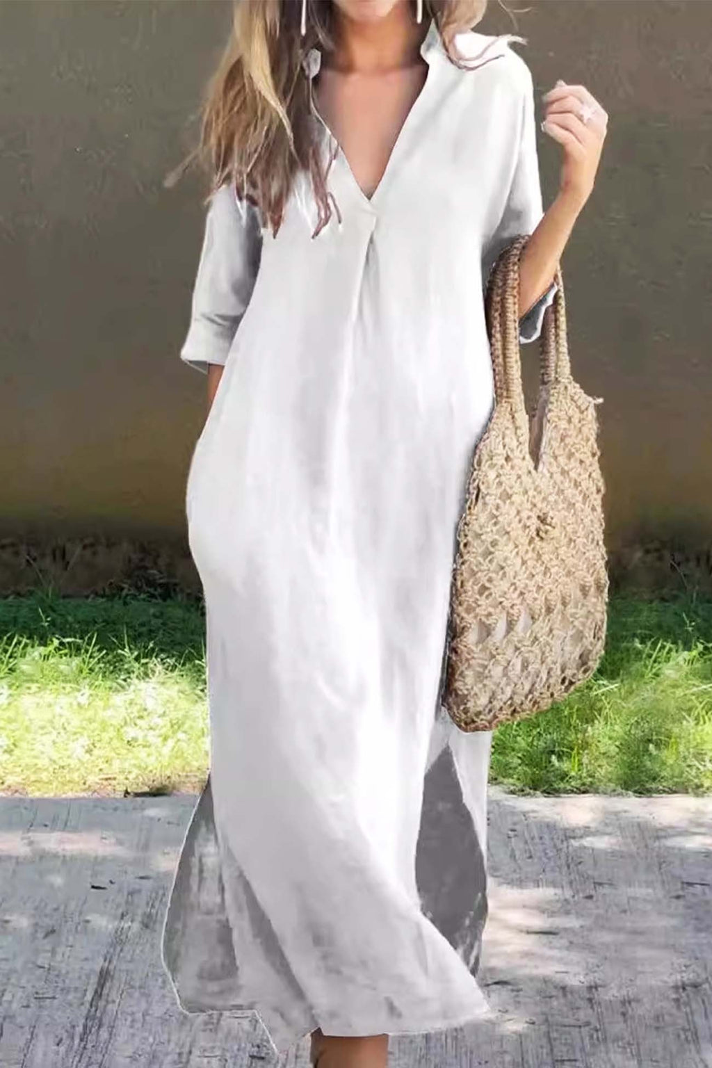 V Neck Half Sleeve Slit Midi Dress