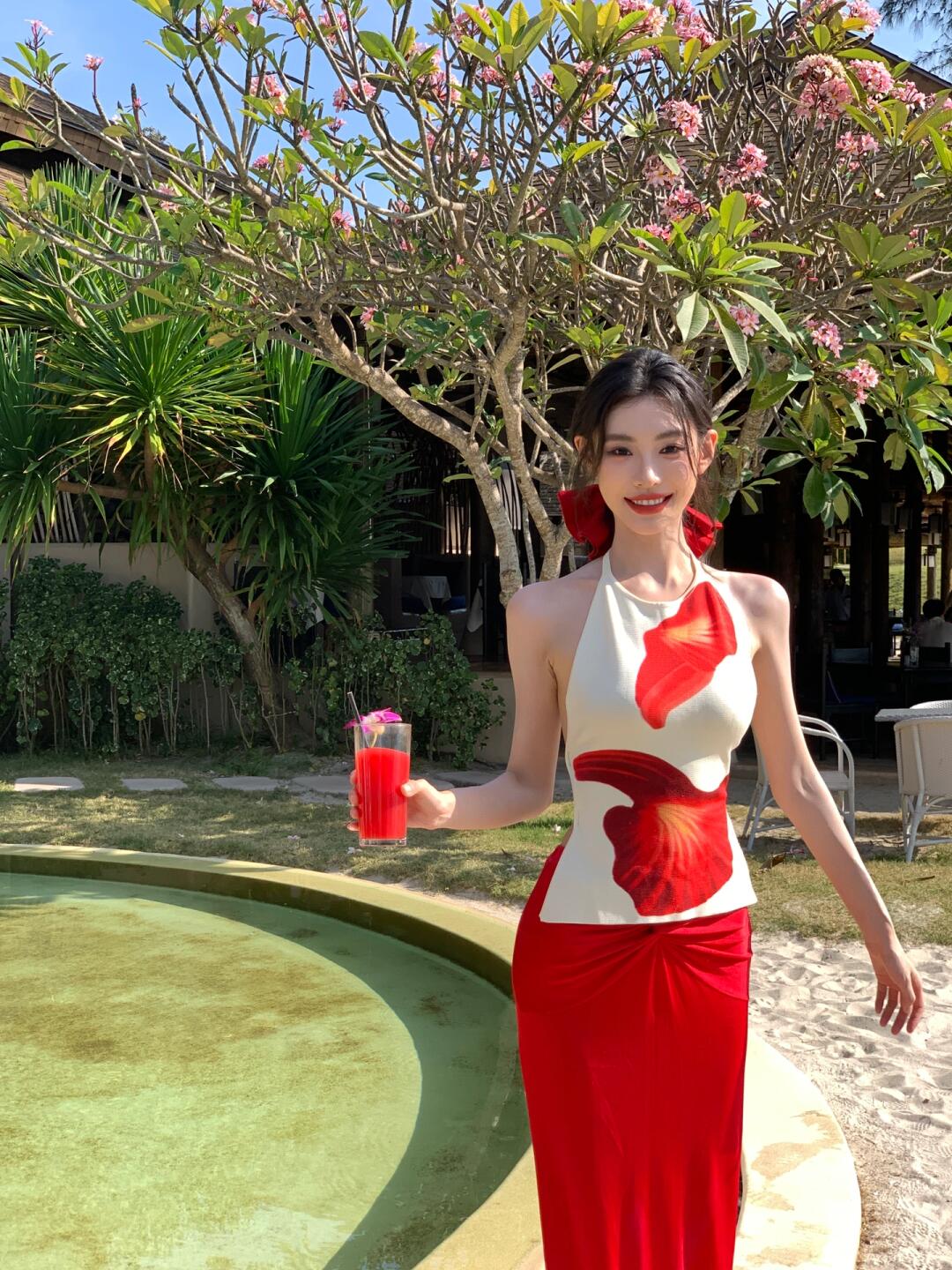 Vacation Backless Halter Top & Red Skirt Two-piece Set