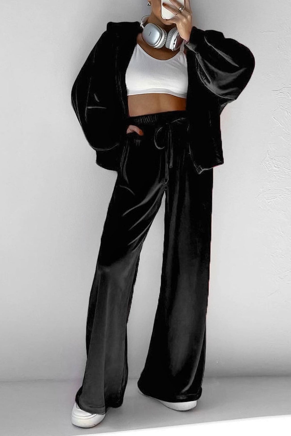 Velvet Hooded Zipper Pocket Two-piece Set