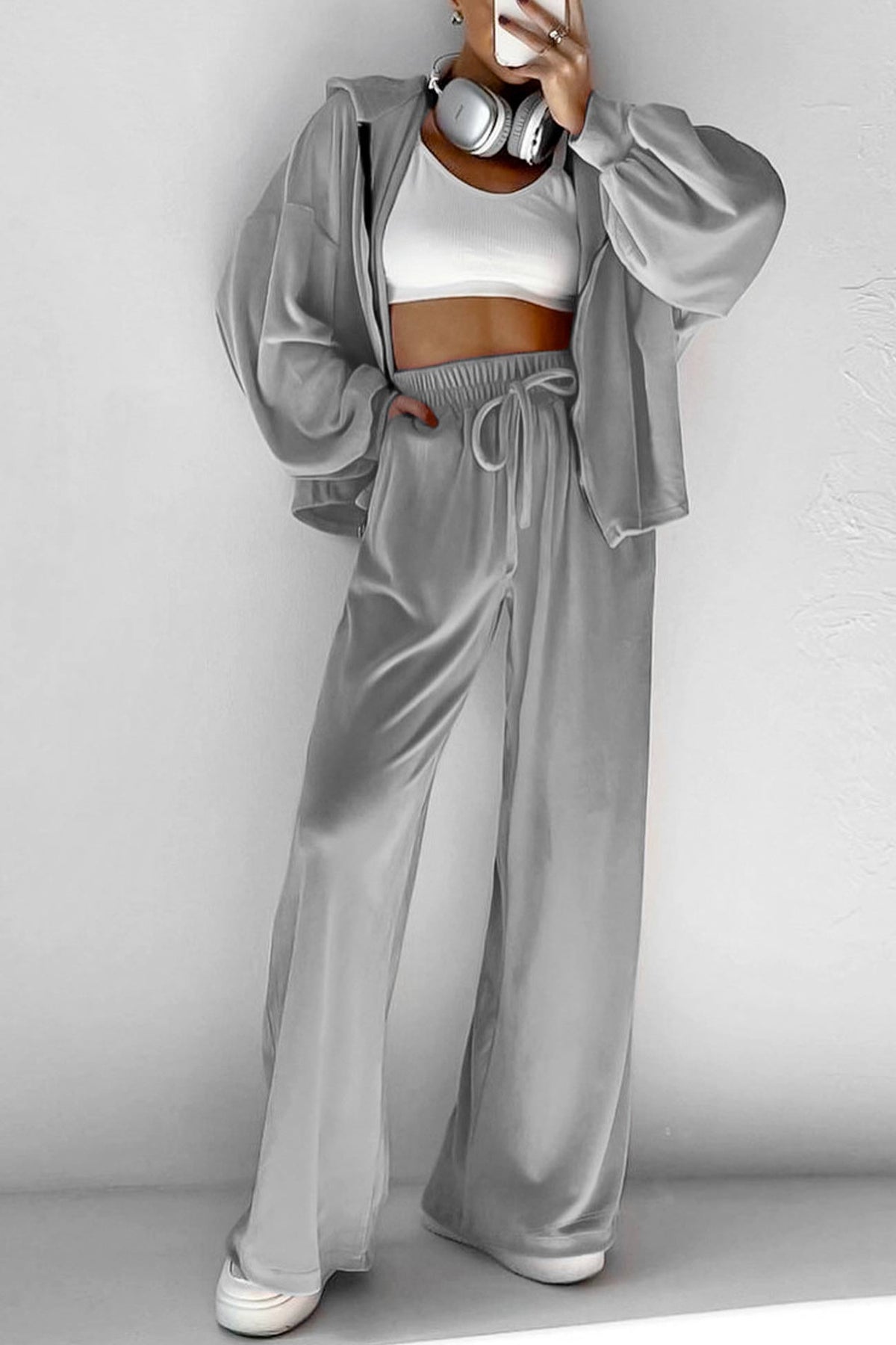Velvet Hooded Zipper Pocket Two-piece Set