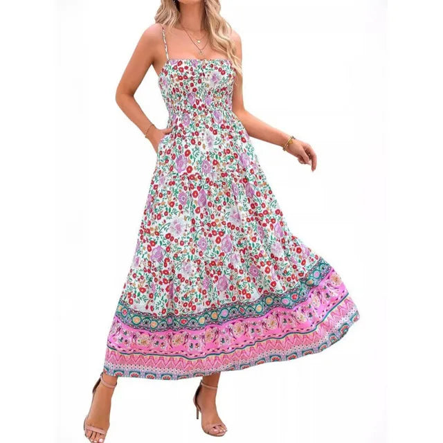 Flower Print Spaghetti Strap Dresses Beach Vacation Long Dress Female Summer New Vestidos