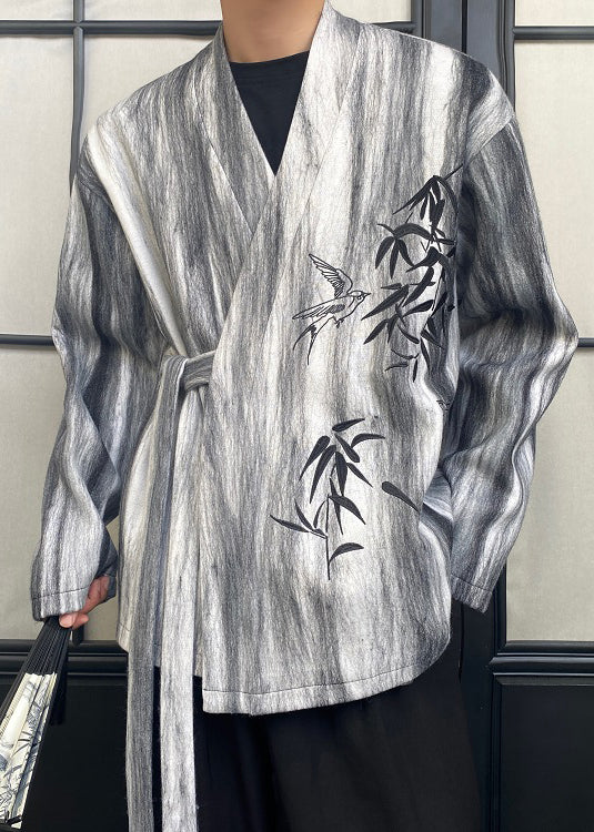 Grey Tie Dye Lace Up Coats Fall Ro025