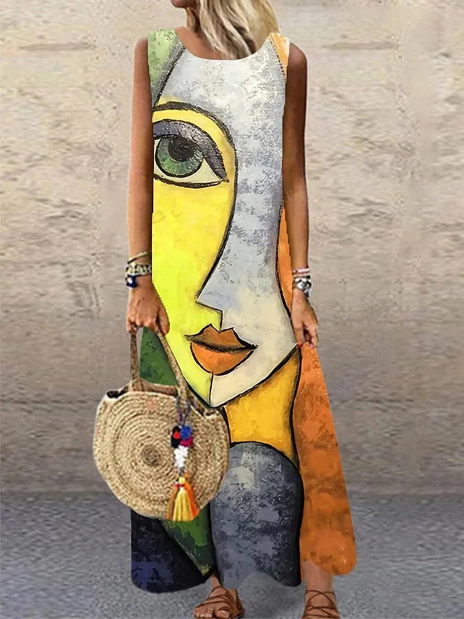 Print Sleeveless Long Dresses Summer O Neck Loose Maxi Dress Temperament Commuting Clothing Vestido Female